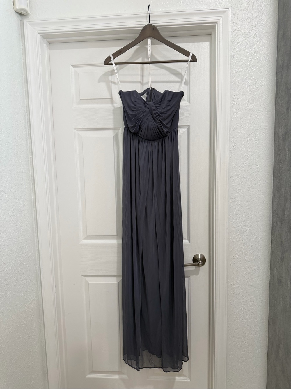 David's Bridal Slate Gray Chiffon Strapless Maxi Dress